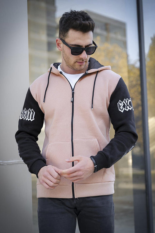 Extrem Cotton Three Thread Raised Zippered Hooded Sleeve Printed Slim Fit Men's Sweatshirt