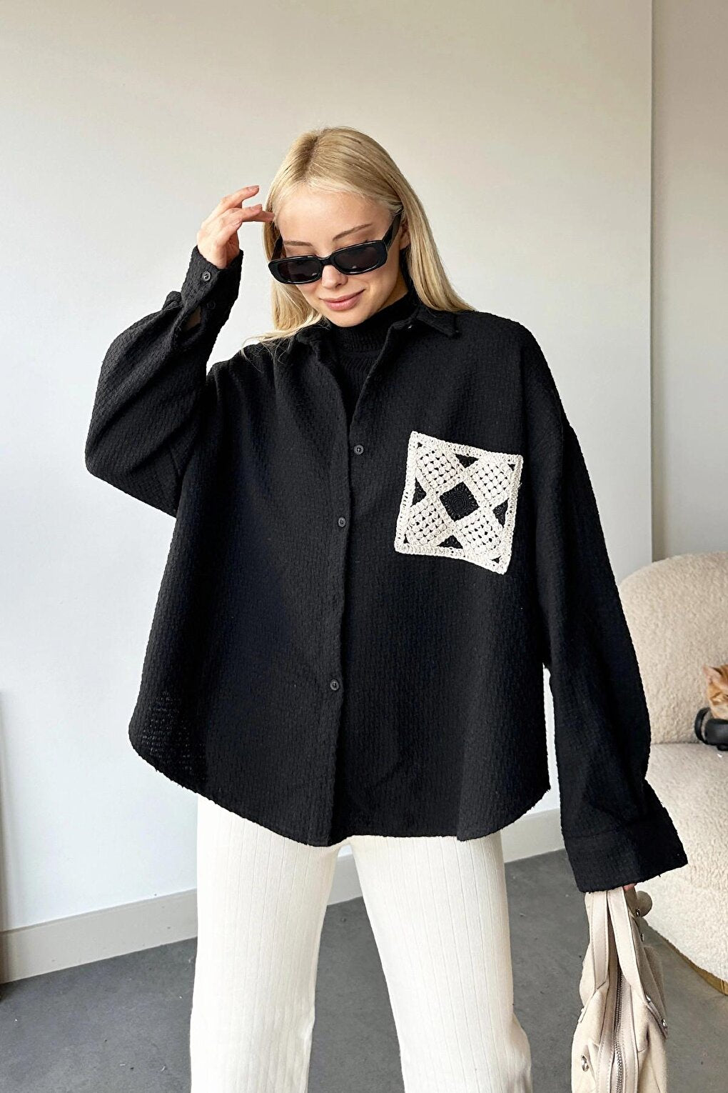 Crochet Pocket Oversize Shirt