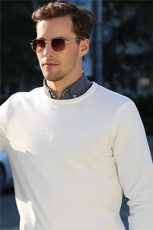 Slim Fit Crew Neck Honeycomb Patterned Men's White Sweater