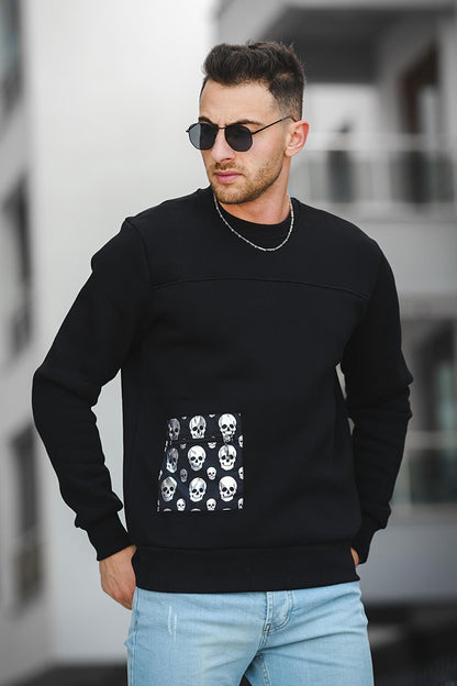 Three Thread Raised Skull Printed Men's Sweatshirt with Pocket Detail