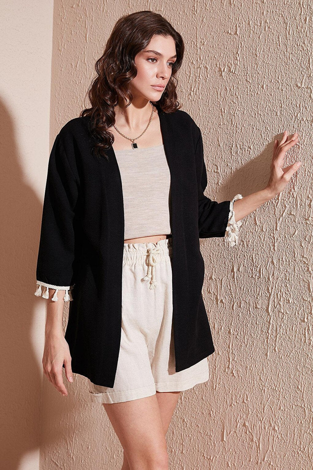 Cotton and Linen Blend Tassel Detailed Regular Fit Long Kimono Cardigan 5865036