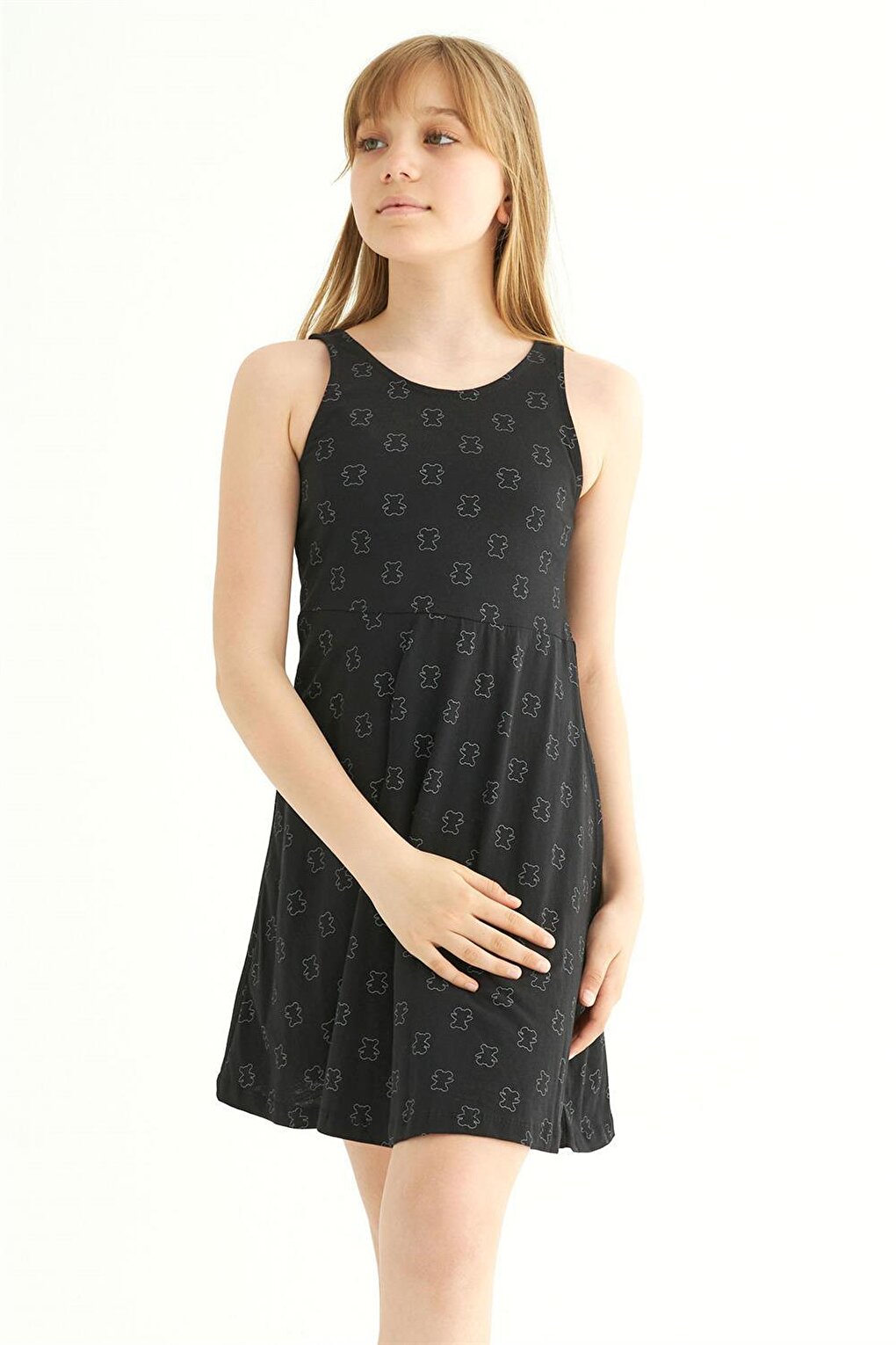 Girl's Teddy Bear Colored Black Colored Strappy Dress