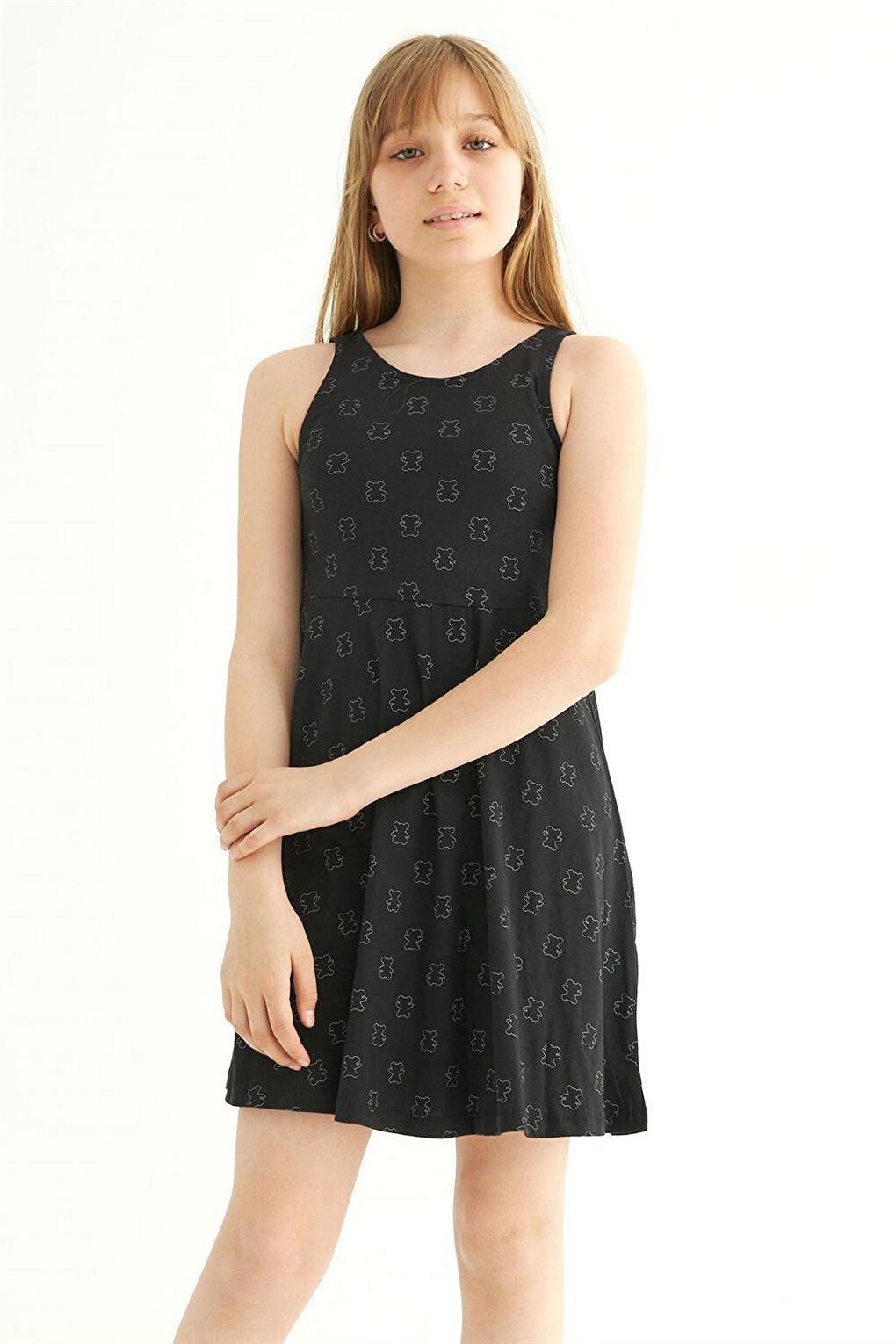 Girl's Teddy Bear Colored Black Colored Strappy Dress