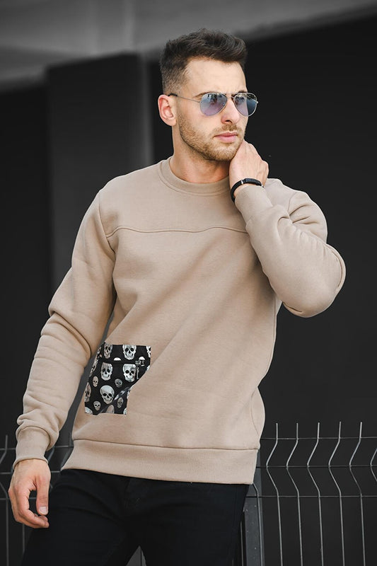 Three Thread Raised Skull Printed Men's Sweatshirt with Pocket Detail