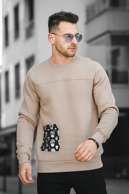 Three Thread Raised Skull Printed Men's Sweatshirt with Pocket Detail