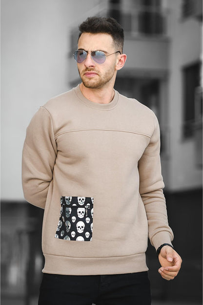 Three Thread Raised Skull Printed Men's Sweatshirt with Pocket Detail