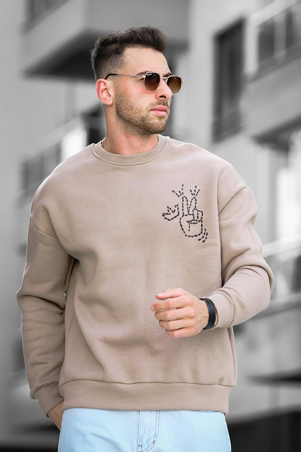 Three Thread Raised Back Printed Crew Neck Oversize Men's Sweatshirt