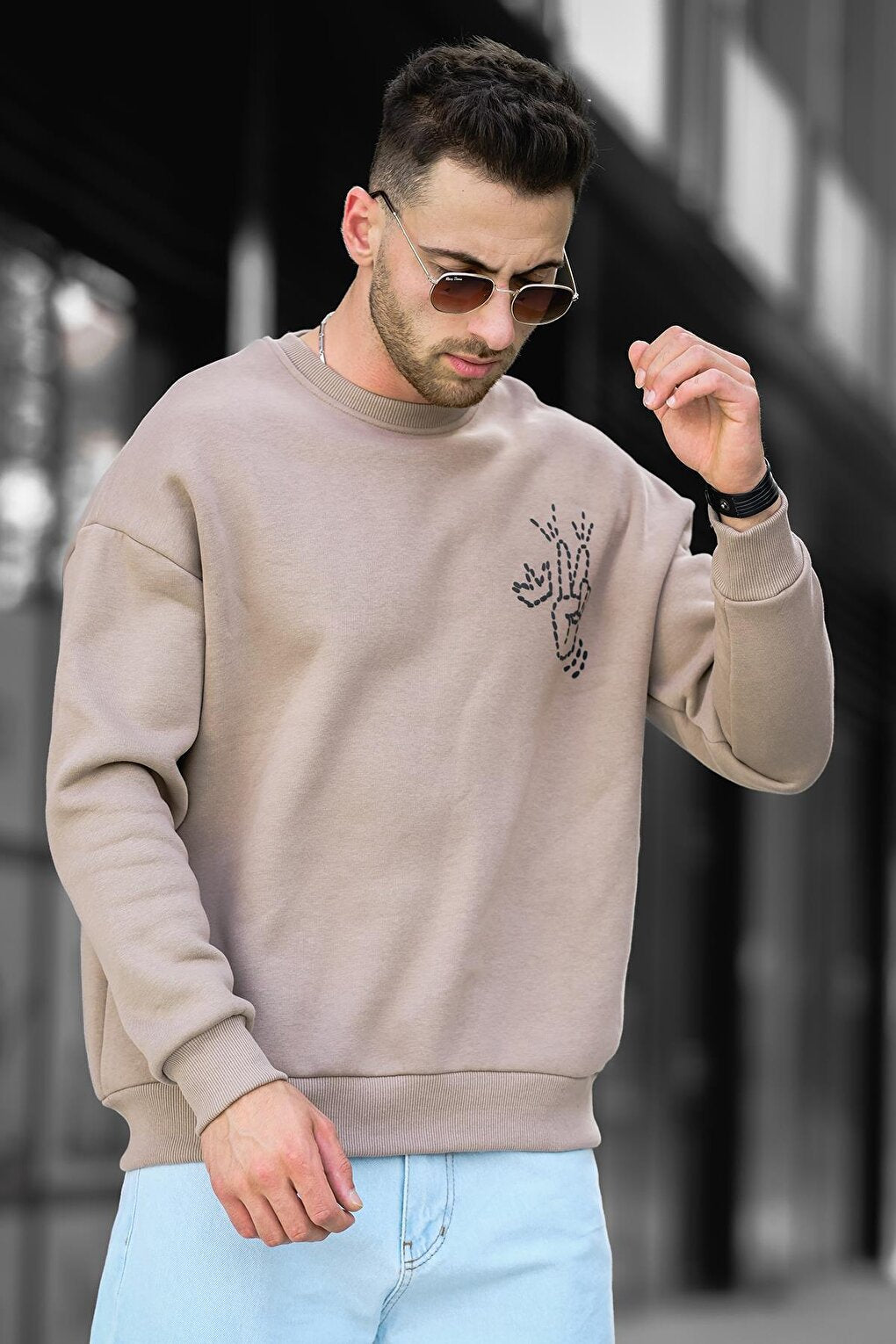 Three Thread Raised Back Printed Crew Neck Oversize Men's Sweatshirt