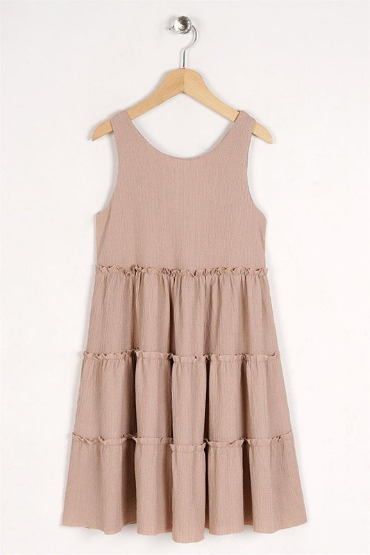 Girl's Beige Colored Elastic Waist Pleated Dress