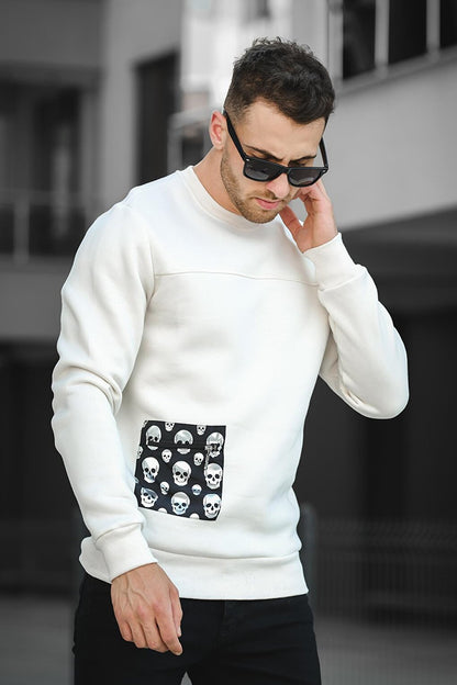 Three Thread Raised Skull Printed Men's Sweatshirt with Pocket Detail