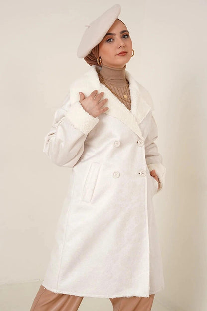 Women's White Collar and Faux Fur Inside Buttoned Faux Leather Coat HZL23W-BD191021