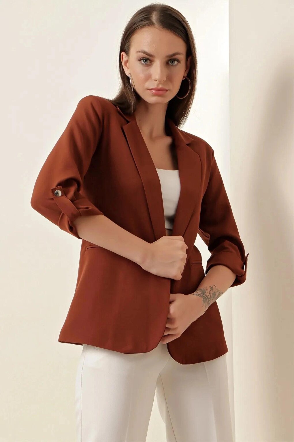 Women's Brown Lined Stylish Blazer Jacket HZL23W-BD106721