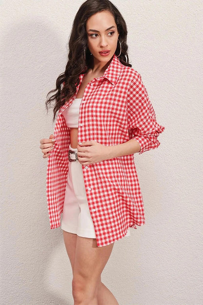 Women's Red Checkered Oversize Shirt HZL22W-BD1201451