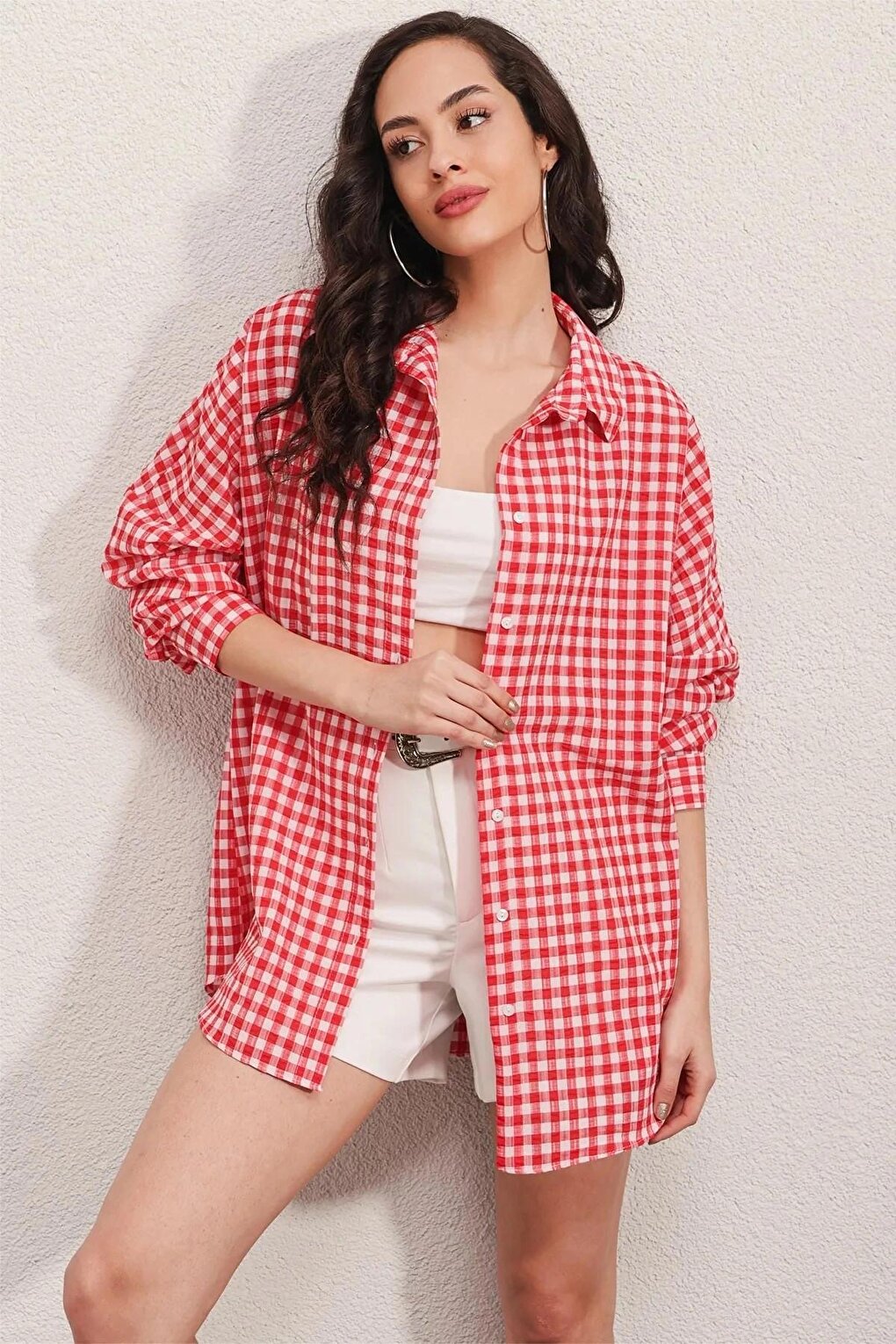 Women's Red Checkered Oversize Shirt HZL22W-BD1201451