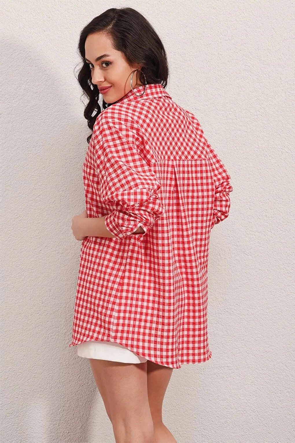 Women's Red Checkered Oversize Shirt HZL22W-BD1201451