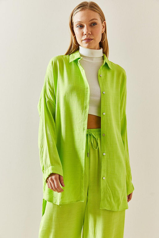 Neon Green Asymmetrical Cut Linen Shirt 3YXK2-46998-41