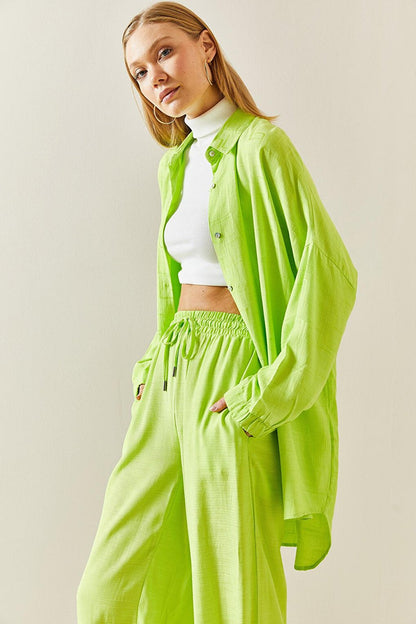 Neon Green Asymmetrical Cut Linen Shirt 3YXK2-46998-41