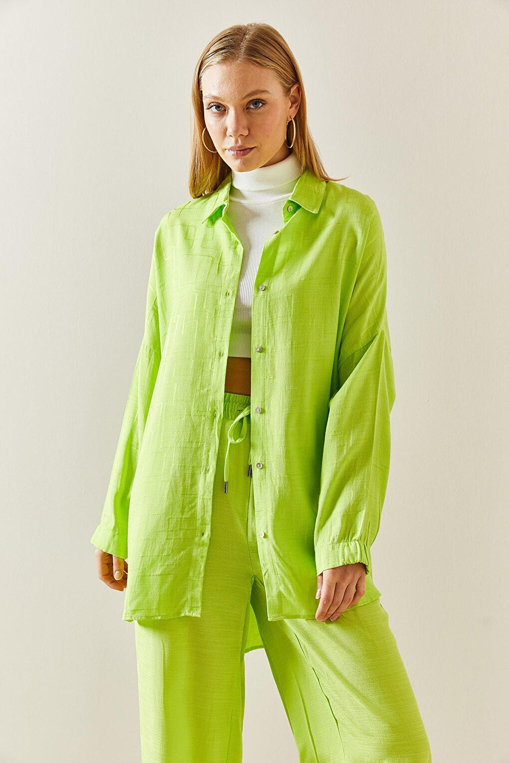 Neon Green Asymmetrical Cut Linen Shirt 3YXK2-46998-41