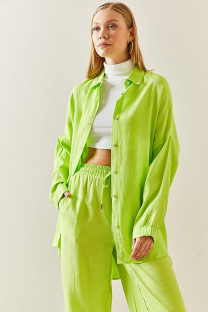 Neon Green Asymmetrical Cut Linen Shirt 3YXK2-46998-41