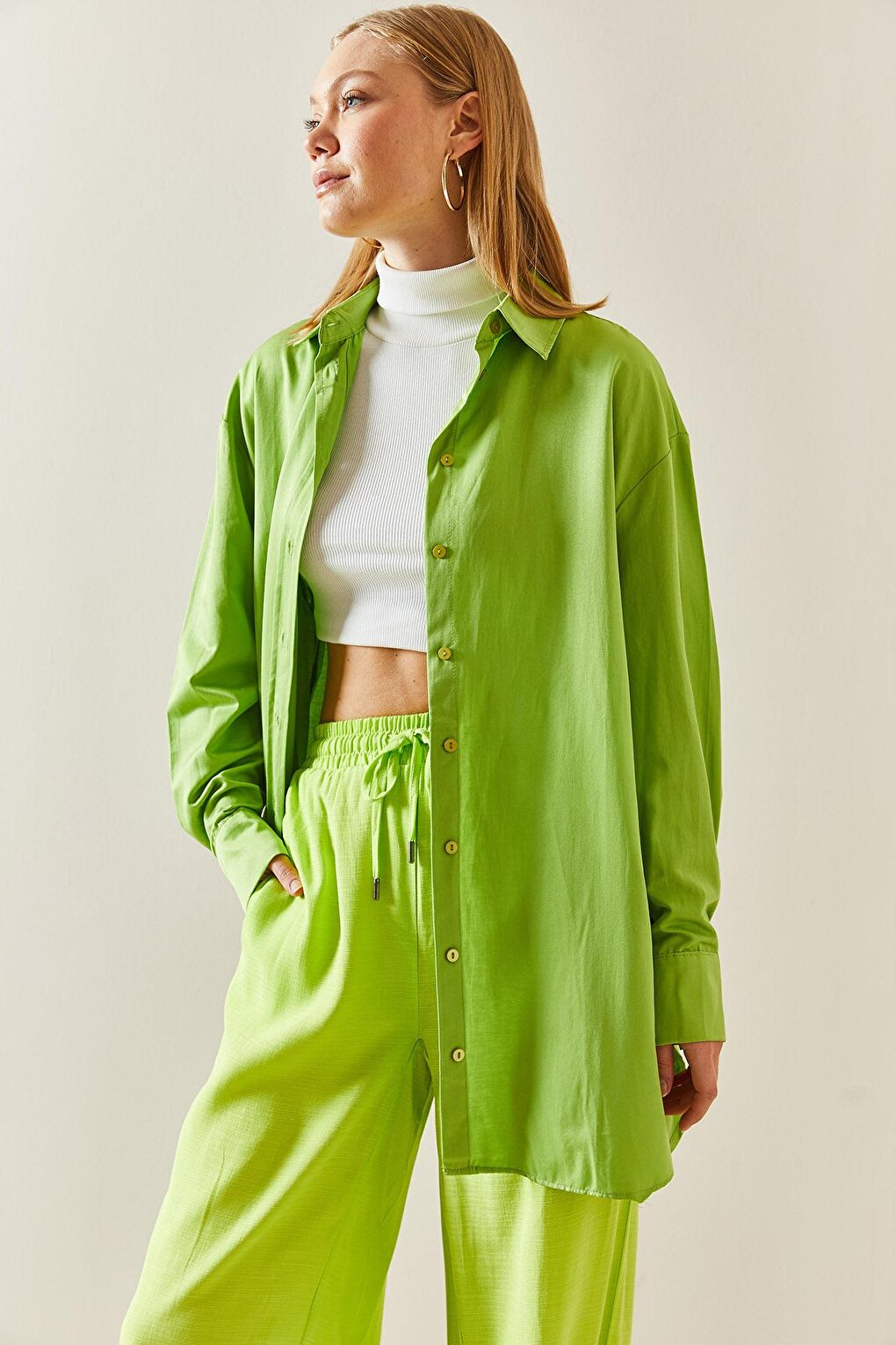 Green Oversize Basic Shirt 2YXK2-46510-08