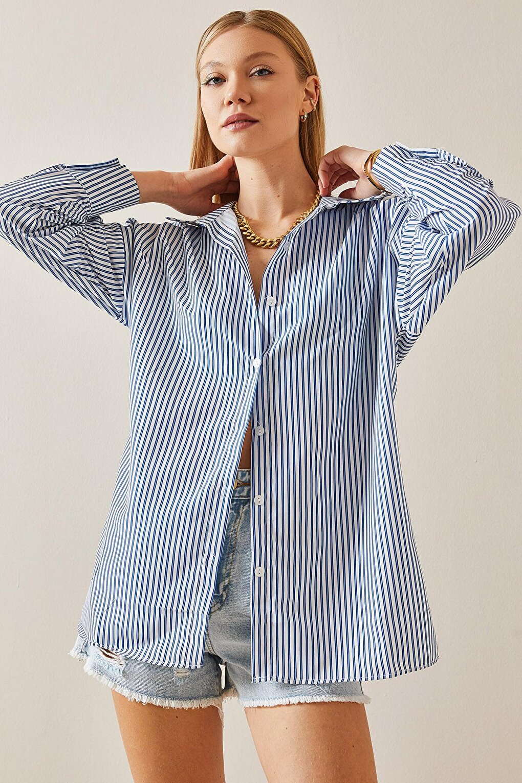 Blue Striped Polo Neck Oversize Shirt 4KXK2-47765-12