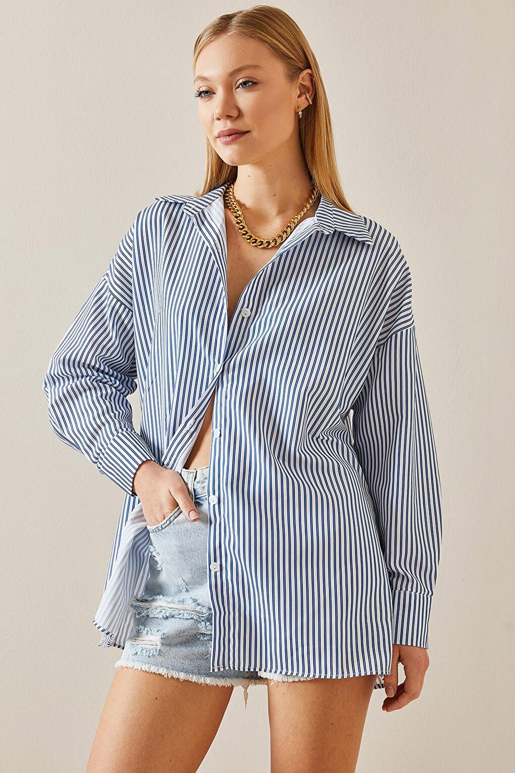 Blue Striped Polo Neck Oversize Shirt 4KXK2-47765-12