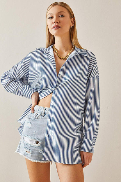 Blue Striped Polo Neck Oversize Shirt 4KXK2-47765-12