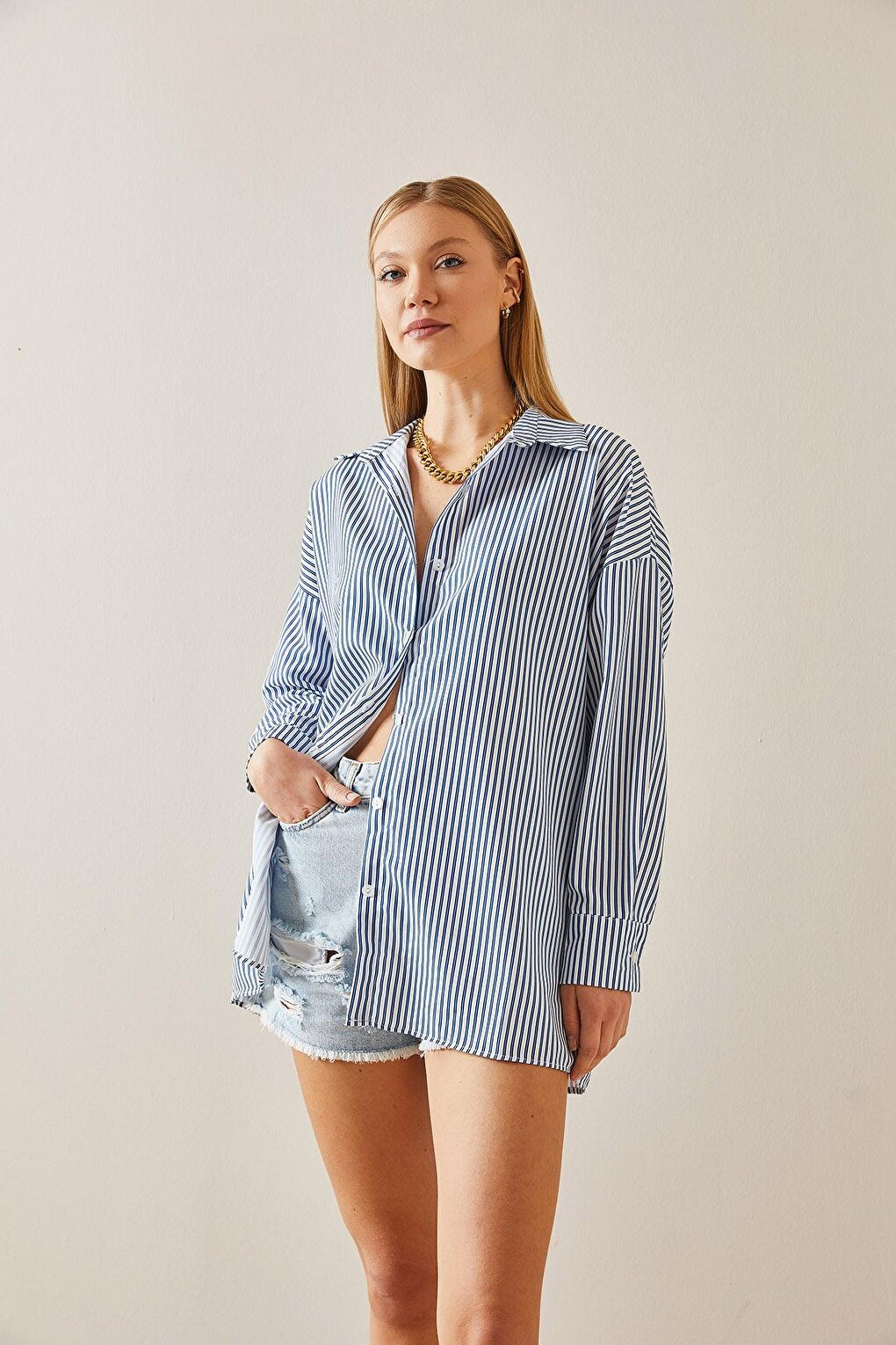 Blue Striped Polo Neck Oversize Shirt 4KXK2-47765-12