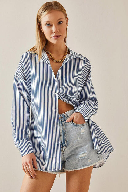 Blue Striped Polo Neck Oversize Shirt 4KXK2-47765-12