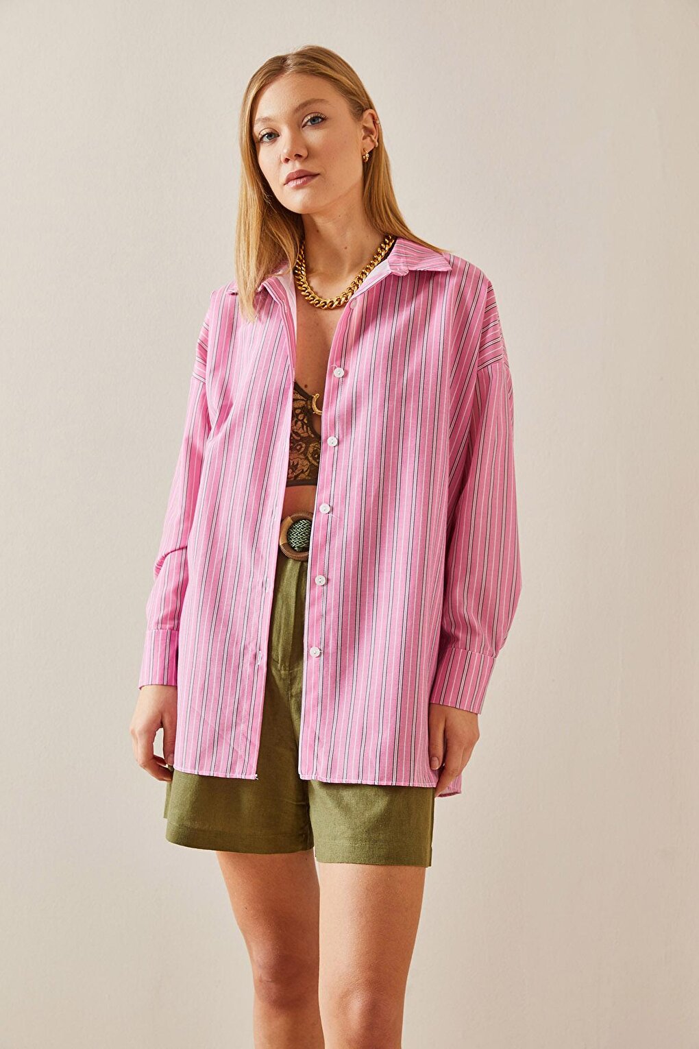 Pink Oversize Striped Shirt 4KXK2-47766-20