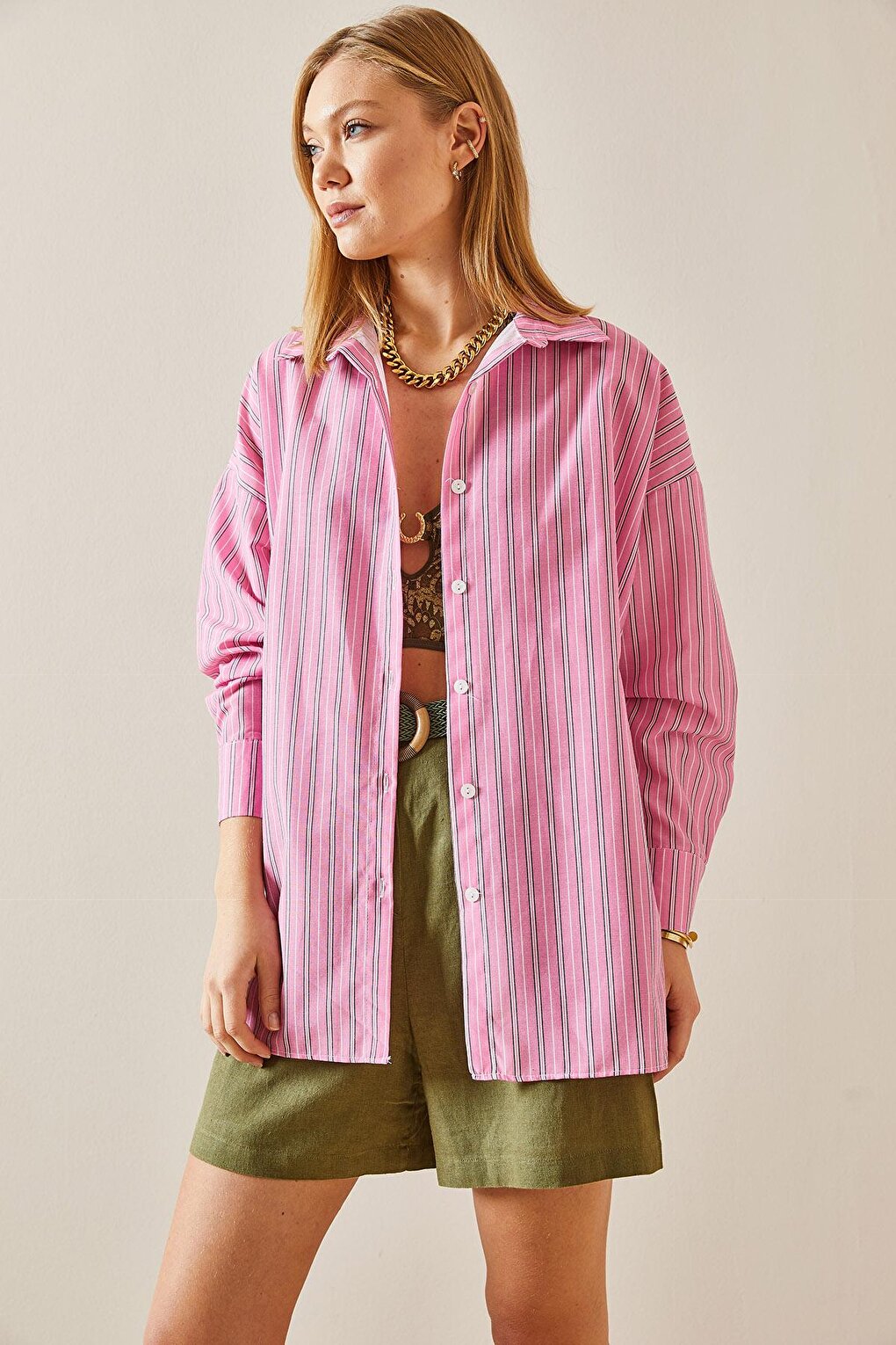 Pink Oversize Striped Shirt 4KXK2-47766-20