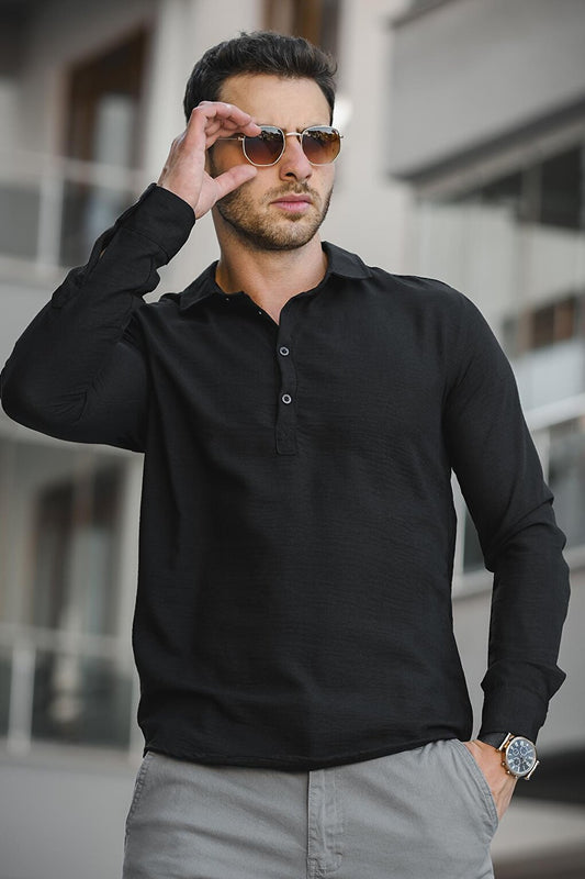 Slim Fit Half Flap Shirt Collar Men's Sweatshirt