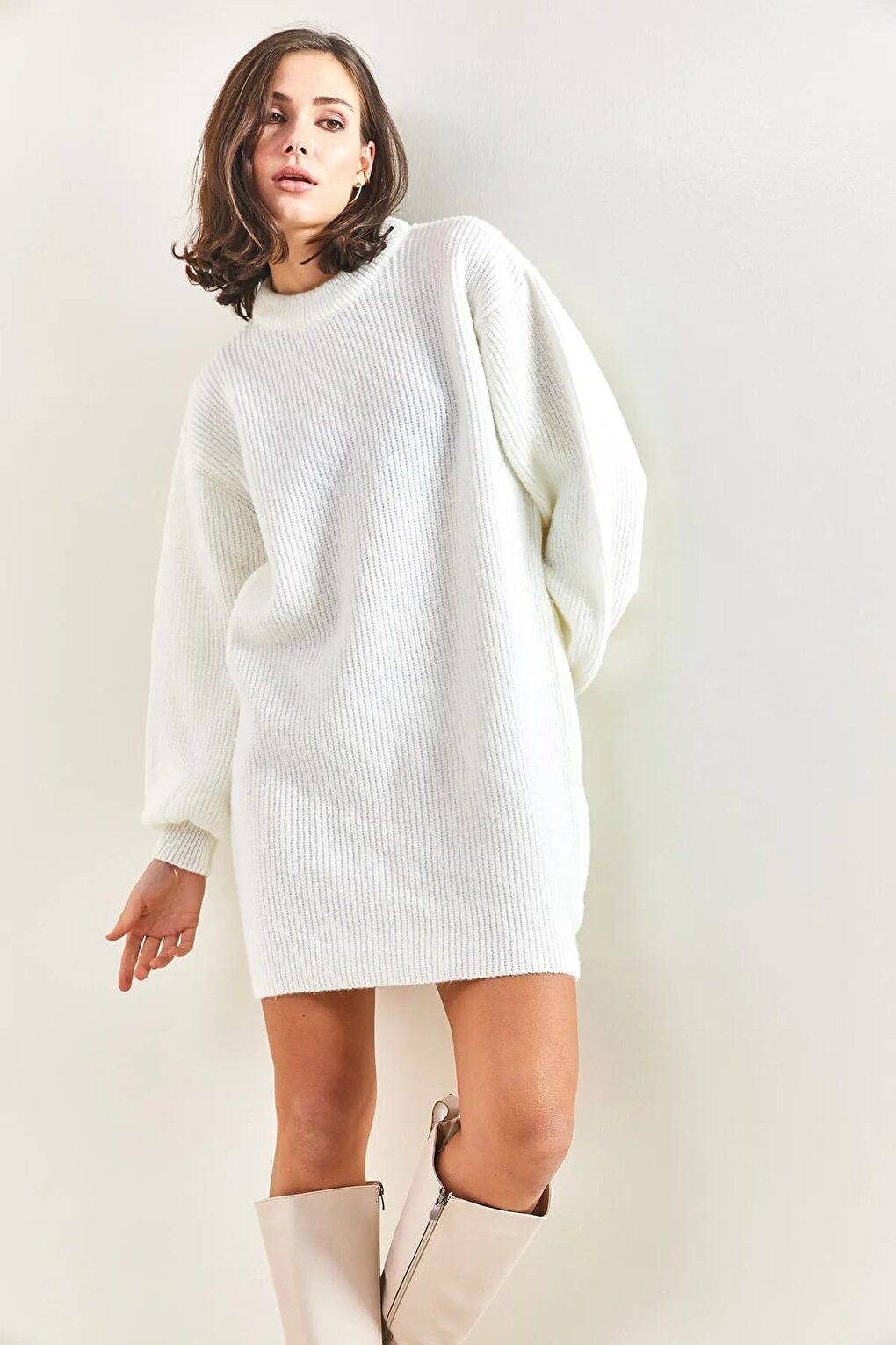 Women's Patterned Sleeves Ribbed Knitwear Tunic