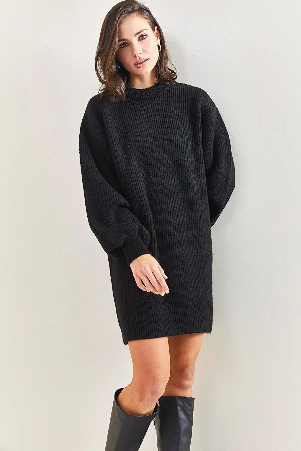 Women's Patterned Sleeves Ribbed Knitwear Tunic