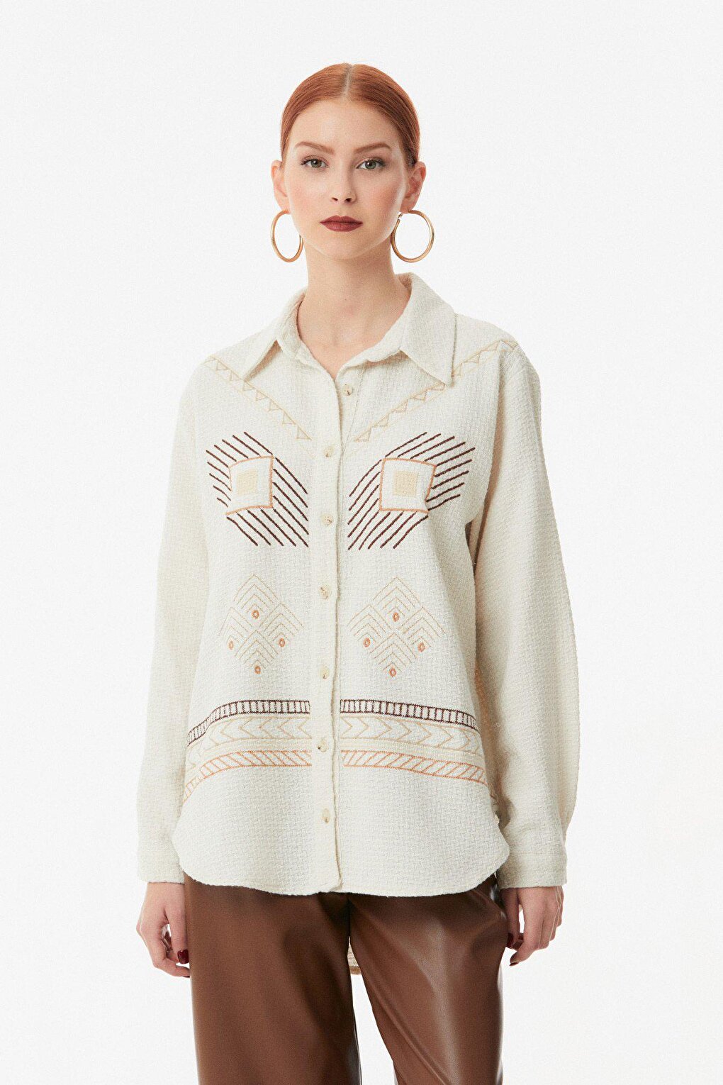 Embroidered Waffle Fabric Casual Shirt