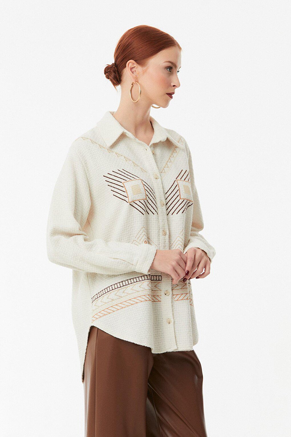 Embroidered Waffle Fabric Casual Shirt