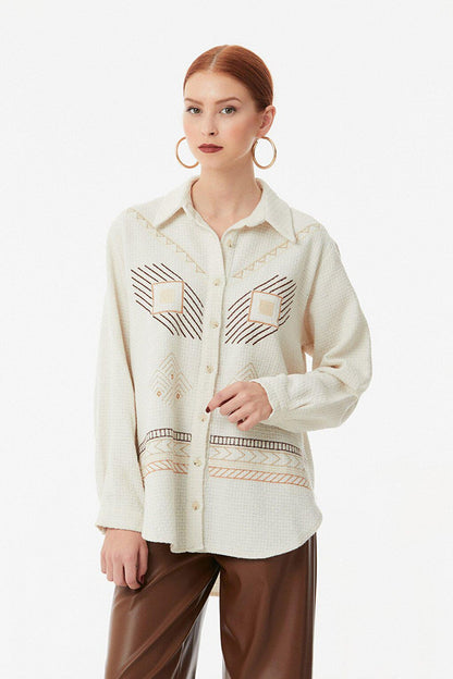 Embroidered Waffle Fabric Casual Shirt