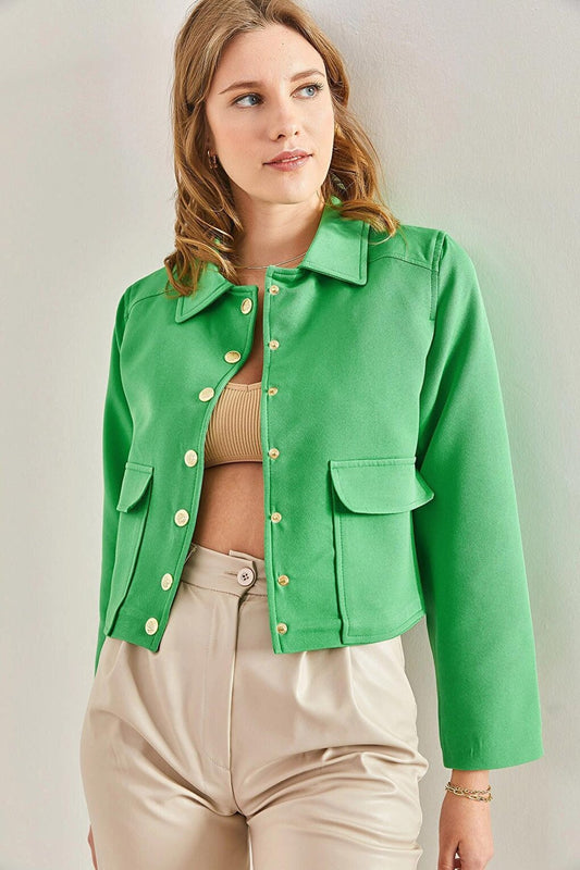 Women's Polo Collar Lined Jacket with Bag Pockets