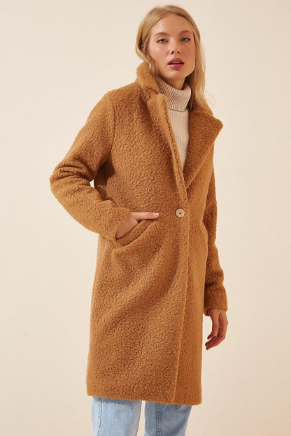 Women's Biscuit Single Button Double Pocket Lined Boucle Cashew Coat HZL22W-BD190821