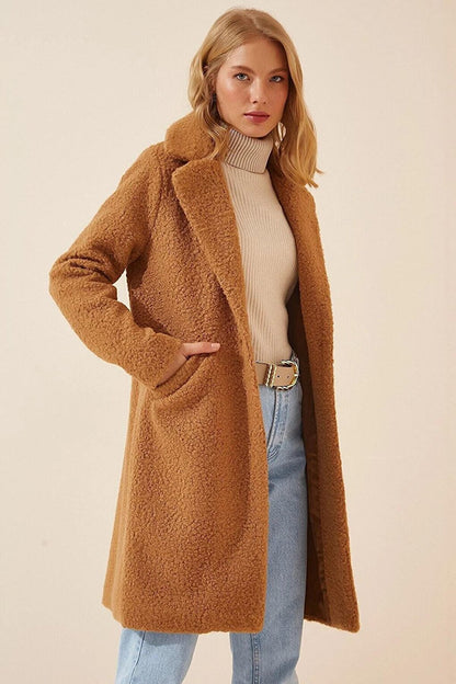 Women's Biscuit Single Button Double Pocket Lined Boucle Cashew Coat HZL22W-BD190821