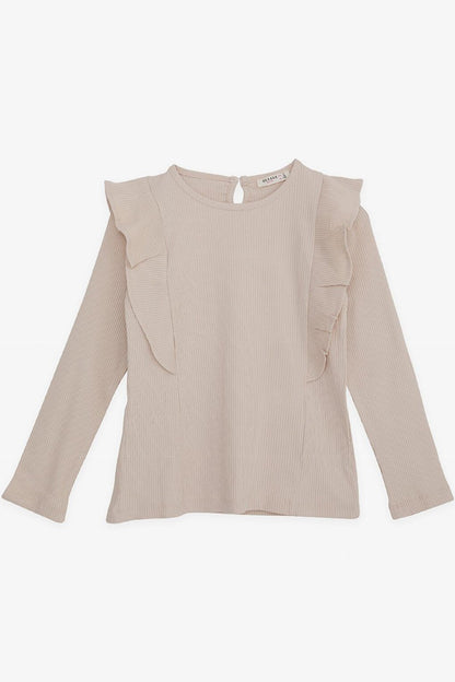 Girl's Long Sleeve Blouse Ruffled Beige (4-8 Years)