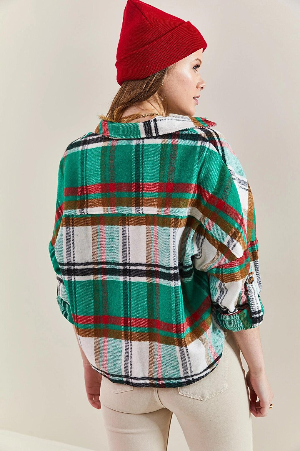 Women's Sleeve Folded Patterned Lumberjack Shirt