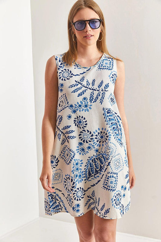 Women's Multi Floral Patterned Linen Dress