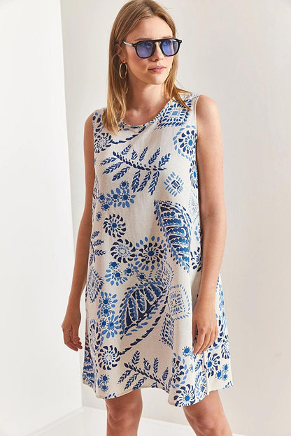 Women's Multi Floral Patterned Linen Dress