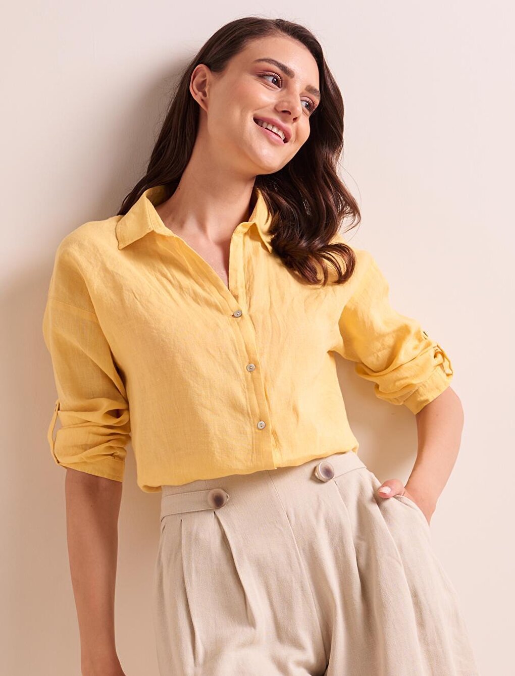 Yellow Straight Cut Basic Linen Shirt