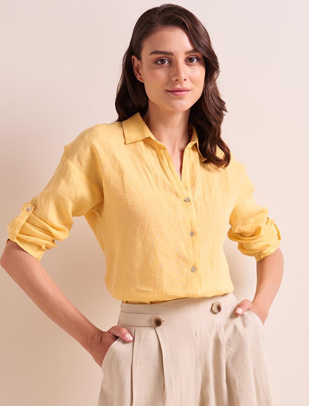 Yellow Straight Cut Basic Linen Shirt