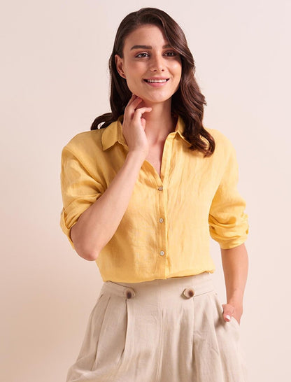 Yellow Straight Cut Basic Linen Shirt