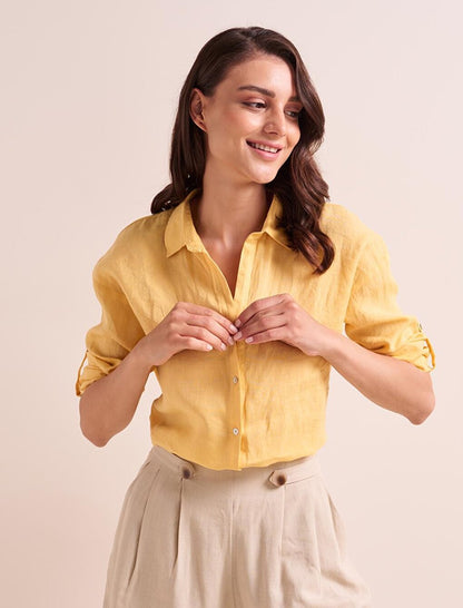 Yellow Straight Cut Basic Linen Shirt