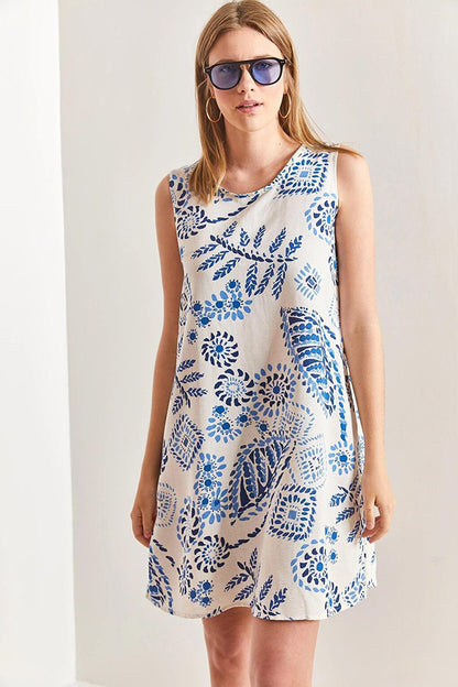 Women's Multi Floral Patterned Linen Dress