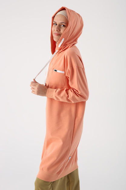 Salmon Zipper Pocket Hooded Sweat Tunic